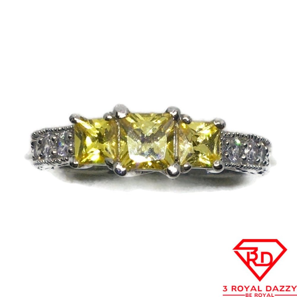 Yellow Princess CZ White gold on silver Ring S6